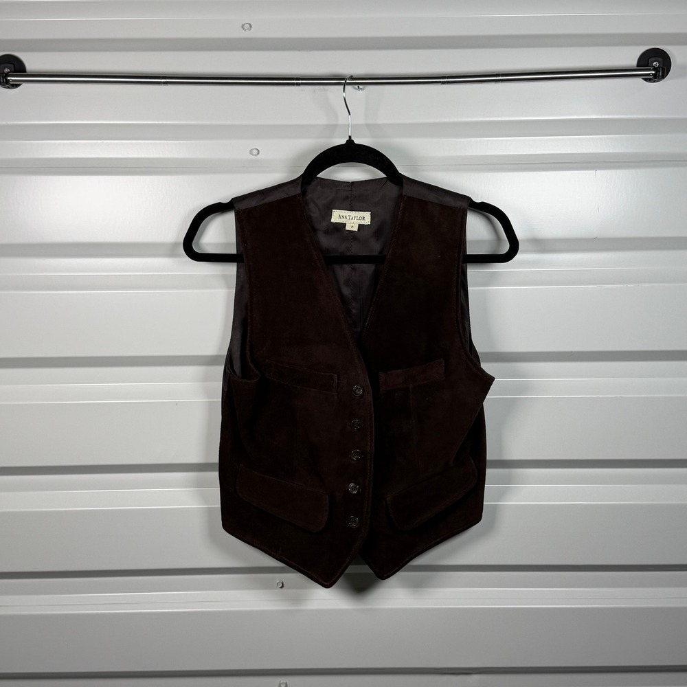 Ann Taylor Womens Brown Suede Button Front Vest Waistcoat Cinch Back Petite P